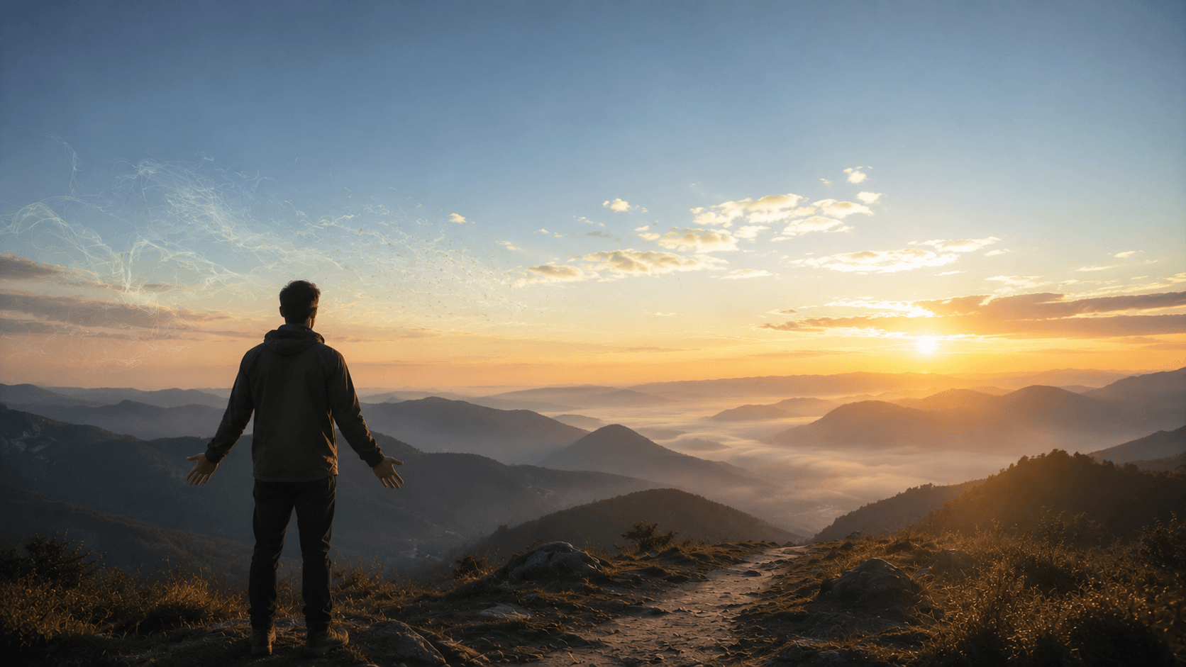 How to stop overthinking and trust God — a man stands with arms open on a misty mountain path at sunrise, releasing tangled thoughts into golden light
