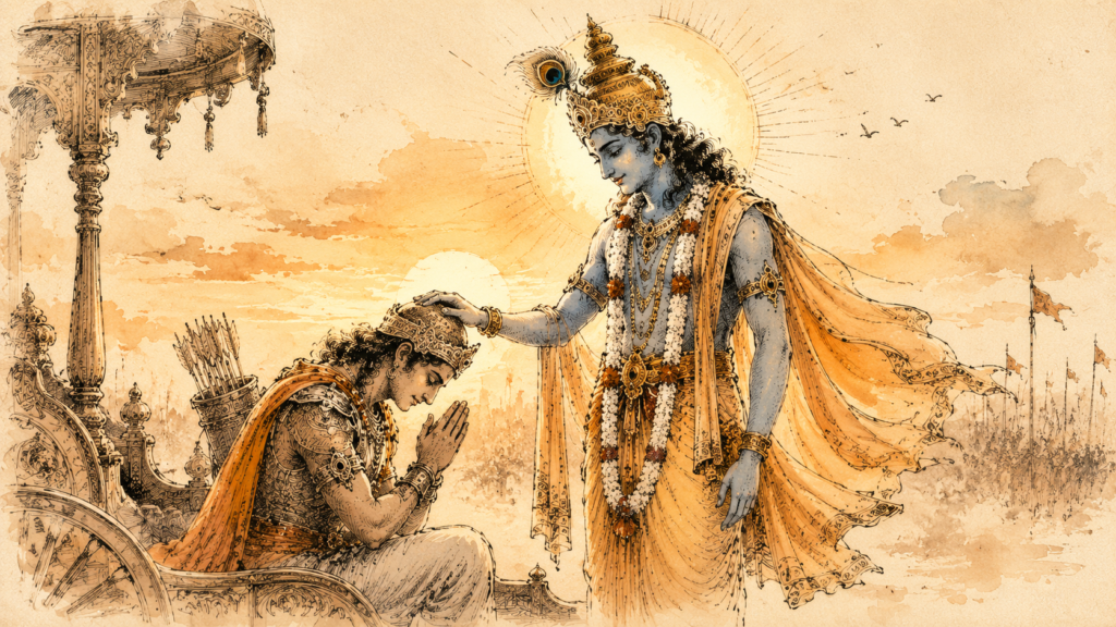 Illustration of Lord Krishna blessing Arjuna before the battle, representing how to surrender to God completely through faith, trust, and devotion