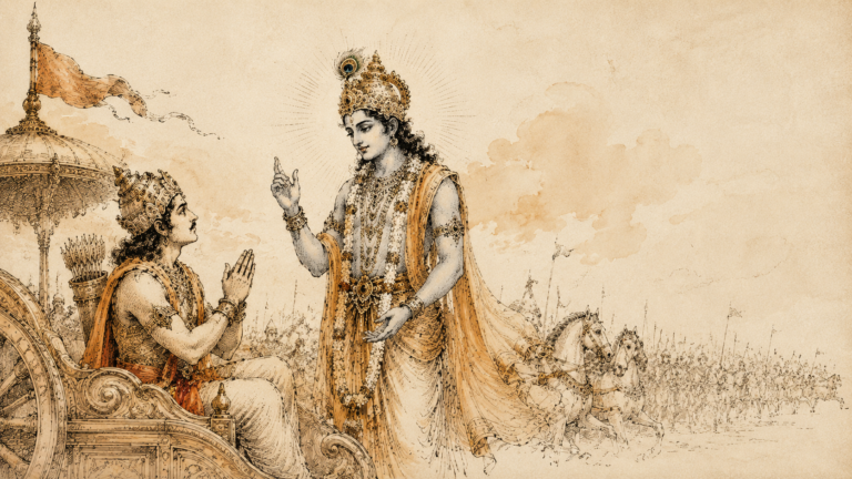 How to surrender to God completely illustrated through Sri Krishna guiding Arjuna on the battlefield in a minimalist ink line art style inspired by the Bhagavad Gita.