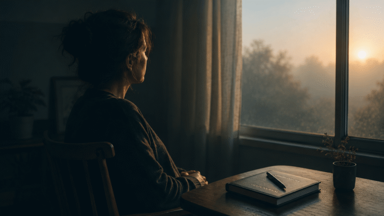 A person sits peacefully beside a window at dawn with a closed journal nearby, reflecting on how to manifest through God by surrendering the future with trust and quiet faith.