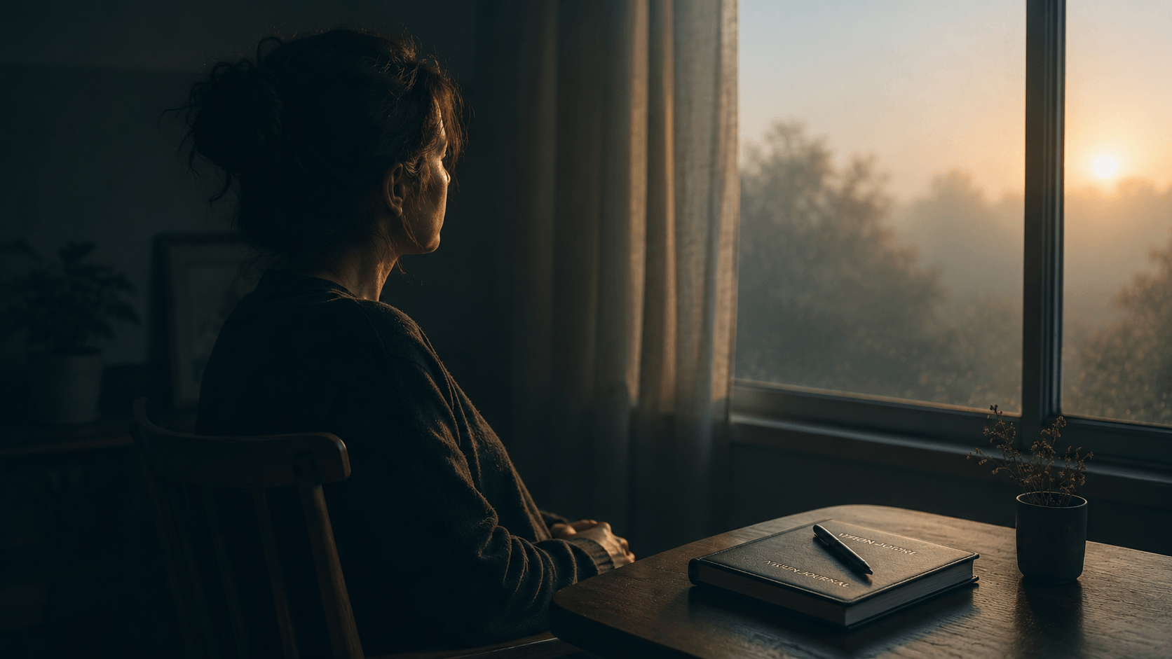 A person sits peacefully beside a window at dawn with a closed journal nearby, reflecting on how to manifest through God by surrendering the future with trust and quiet faith.