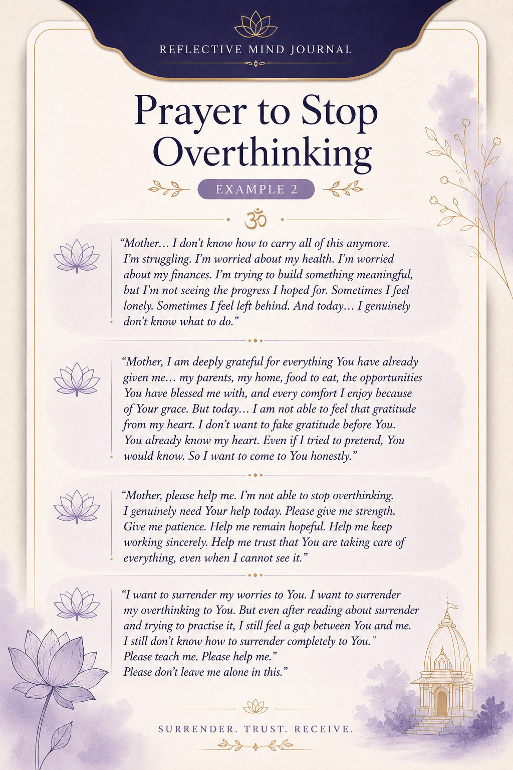 Infographic featuring one of the prayers for overthinking, offering an honest prayer to the Divine Mother for strength, surrender, hope, and trust during anxious thoughts.
