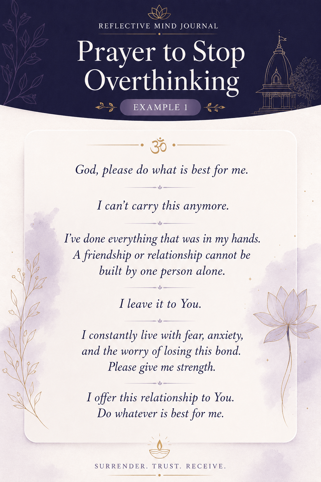 Infographic featuring one of the prayers to stop overthinking, offering a heartfelt prayer of surrender, trust, and strength from a Hindu perspective.
