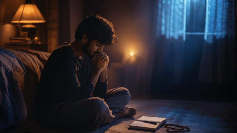 A person sitting on the floor beside a bed at night, praying quietly with a journal and japa mala, illustrating what to pray to stop overthinking from a Hindu perspective.