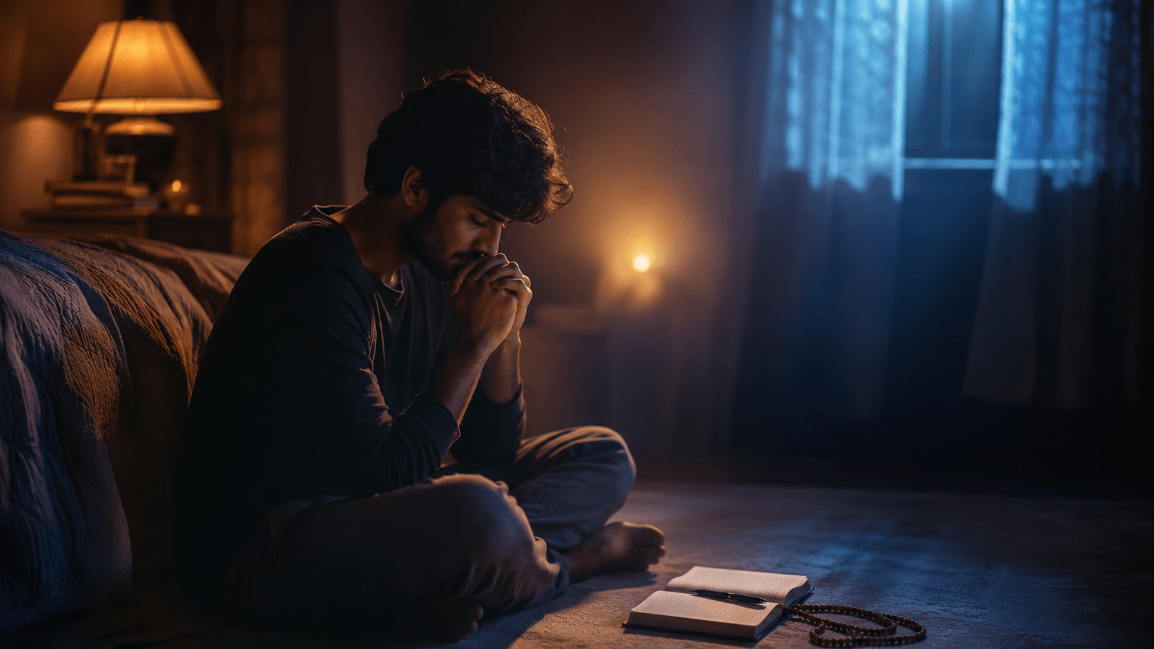 A person sitting on the floor beside a bed at night, praying quietly with a journal and japa mala, illustrating what to pray to stop overthinking from a Hindu perspective.