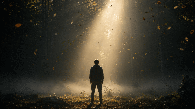 A solitary man stands at the edge of a misty forest clearing at sunrise as a single beam of sunlight breaks through the trees, symbolizing clarity after mental noise, illustrating why can’t I stop overthinking.