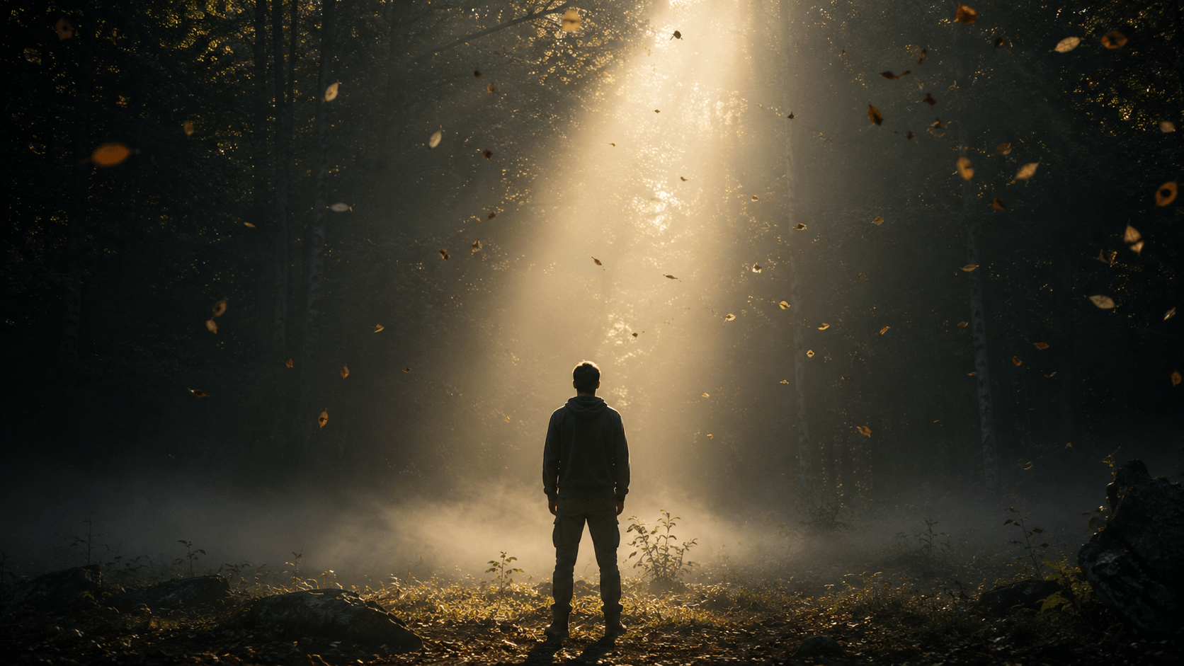 A solitary man stands at the edge of a misty forest clearing at sunrise as a single beam of sunlight breaks through the trees, symbolizing clarity after mental noise, illustrating why can’t I stop overthinking.