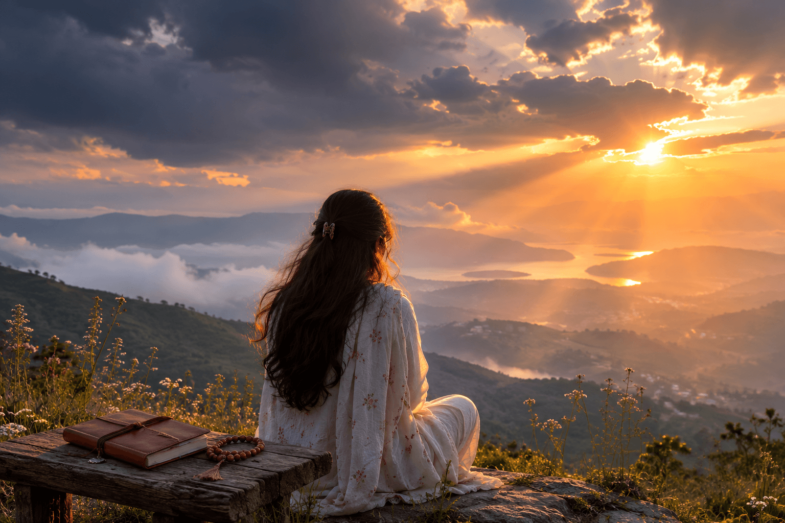 A person sits quietly on a hilltop at sunrise beside a journal and prayer beads, reflecting on faith and surrender in a peaceful scene illustrating why your manifestation isn’t working from a God-centred perspective.