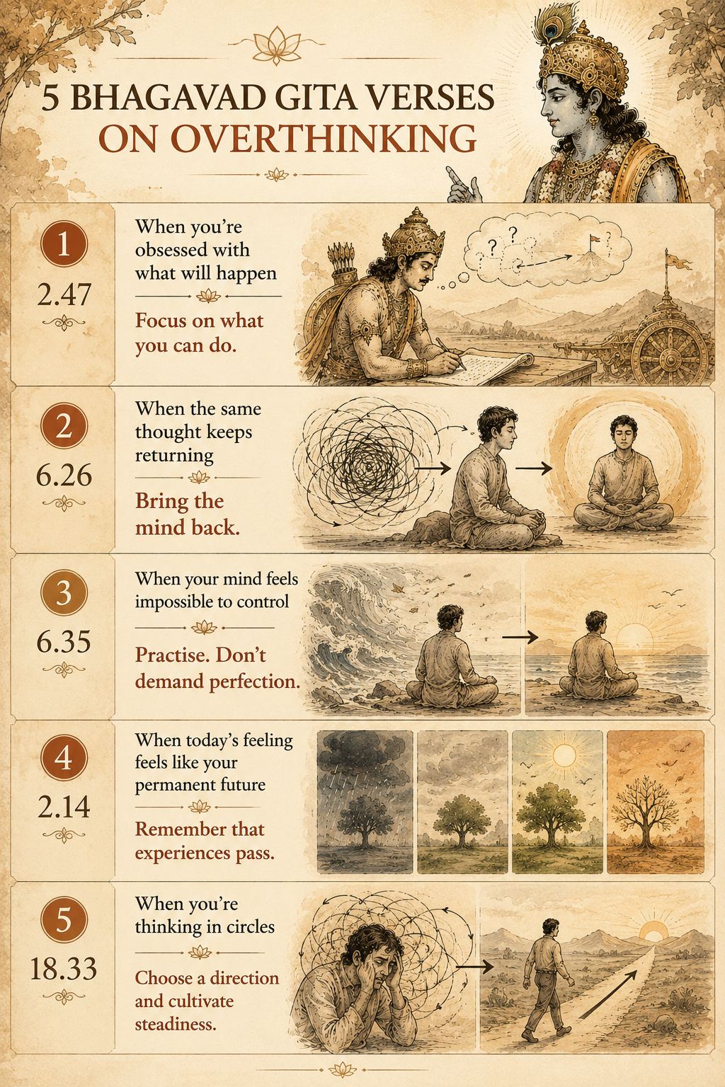 Infographic showing Bhagavad Gita verses on overthinking with five verses and practical teachings for a restless mind