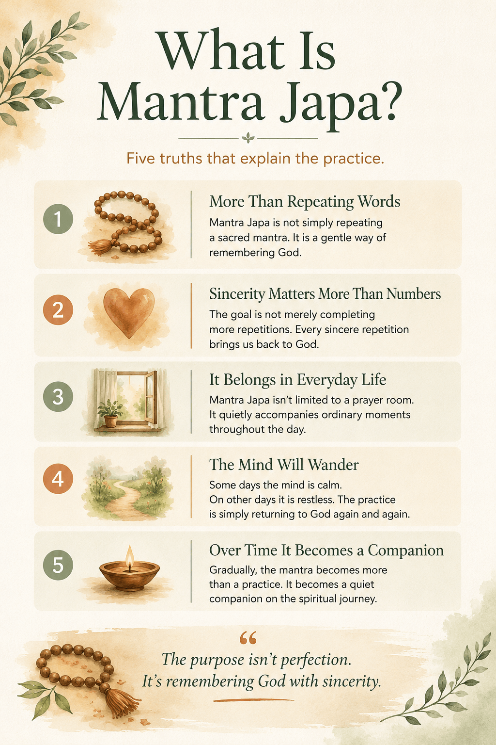 What is Mantra Japa infographic explaining mantra japa meaning and how mantra japa helps remember God through sincere daily practice
