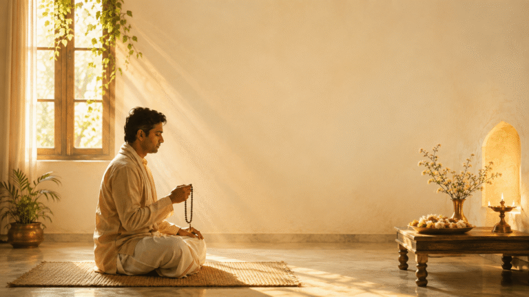 What Is Mantra Japa showing a devotee practising Mantra Japa with a prayer mala during quiet morning prayer to remember God.