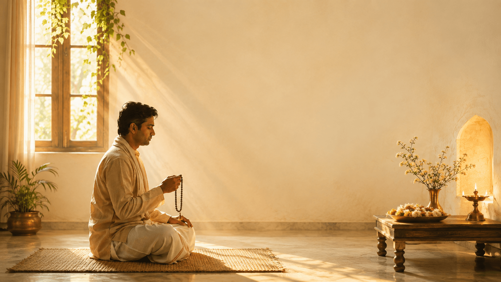 What Is Mantra Japa showing a devotee practising Mantra Japa with a prayer mala during quiet morning prayer to remember God.