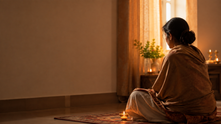 What Should I Pray For? Woman praying quietly before a diya