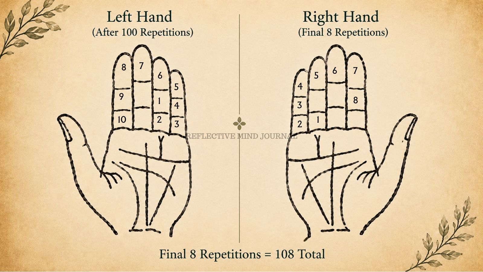 Finger counting for mantra japa showing the final 8 repetitions needed to complete 108 chants without a mala.