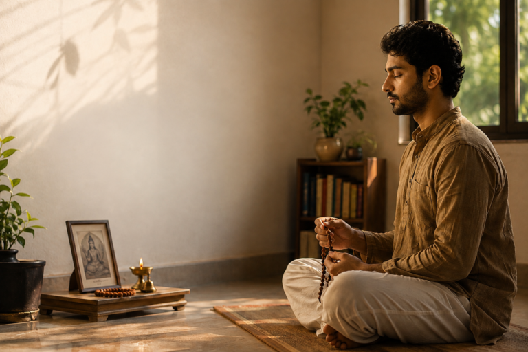 Image showing how to do Mantra Japa while sitting peacefully with a japa mala in front of a home shrine