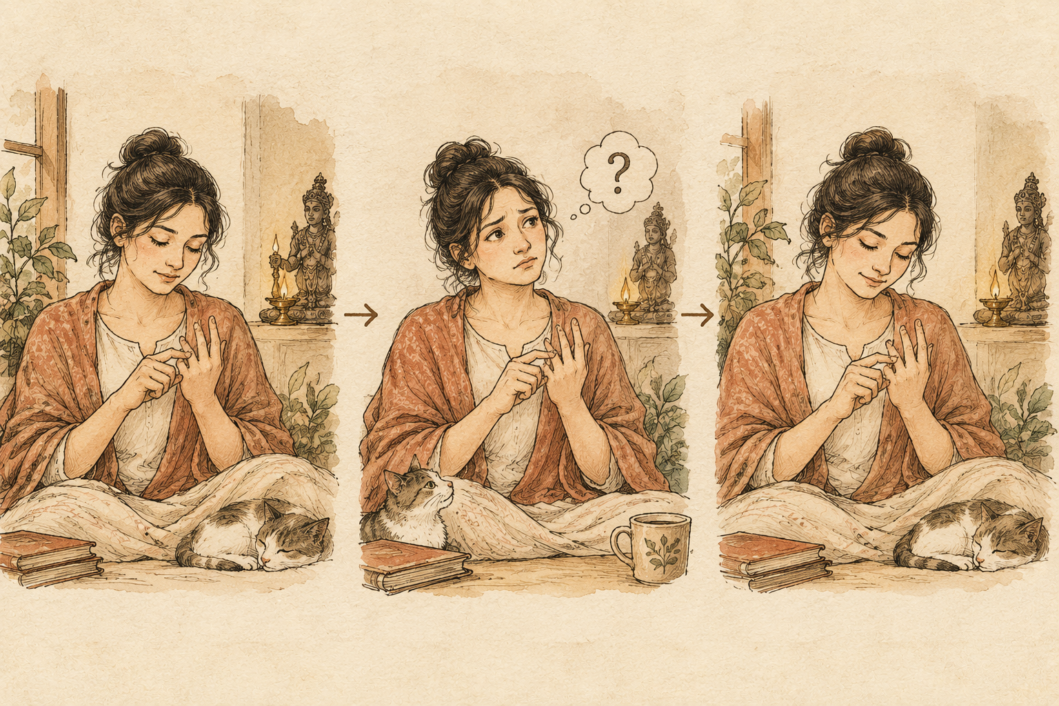 Finger counting for mantra japa showing a woman practising, losing count, and calmly returning to her mantra
