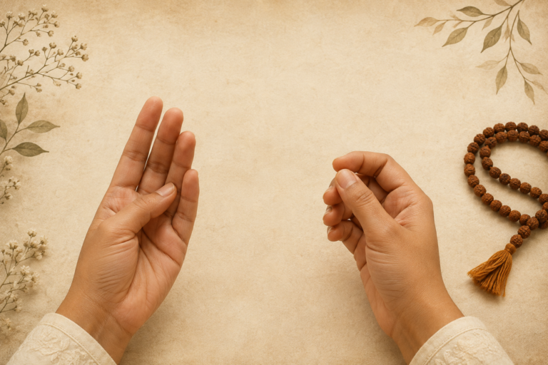 How to Count Mantra Japa on Your Fingers with a traditional hand counting method and mala on a cream textured background.