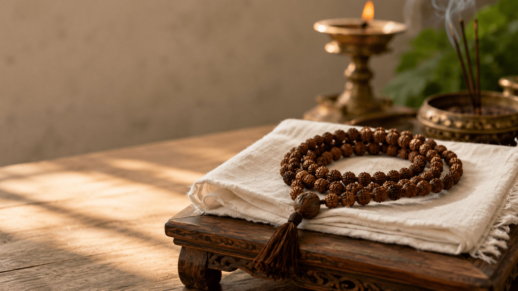 Image showing How to Do Mantra Japa with a Mala using a Rudraksha mantra mala placed on a folded white cloth with a Meru bead, brass diya, and incense in the background.