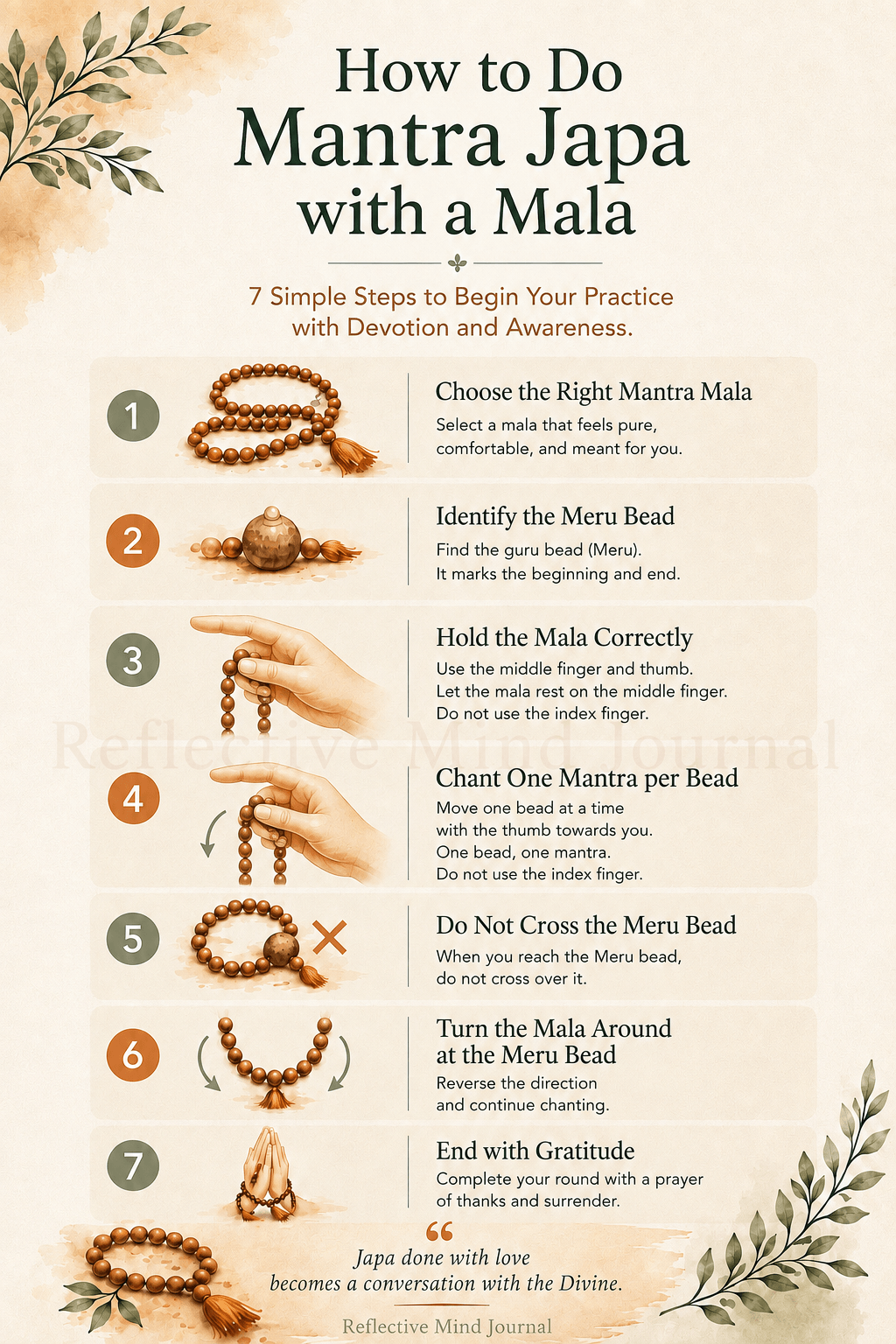 How to Do Mantra Japa with a Mala infographic showing how to use a mantra japa mala correctly, including the Meru bead, thumb and middle finger position, and seven step-by-step instructions.