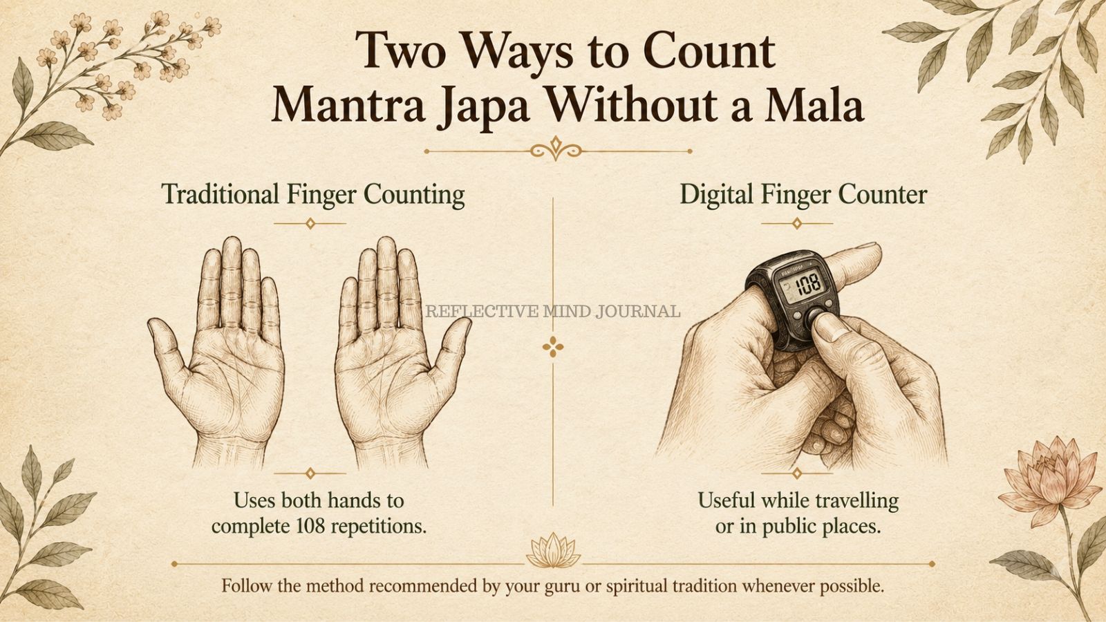 Image showing How to Do Mantra Japa Without a Mala using traditional finger counting or a digital finger counter.