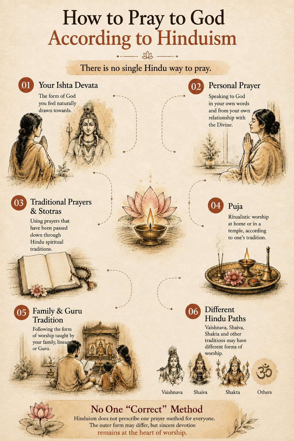 Infographic showing How to Pray to God According to Hinduism infographic showing six approaches to Hindu prayer