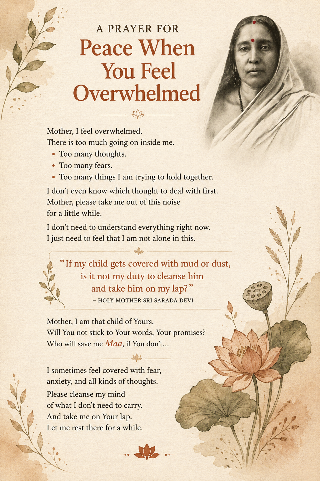A prayer for peace and clarity when feeling overwhelmed, turning to Mother for comfort
