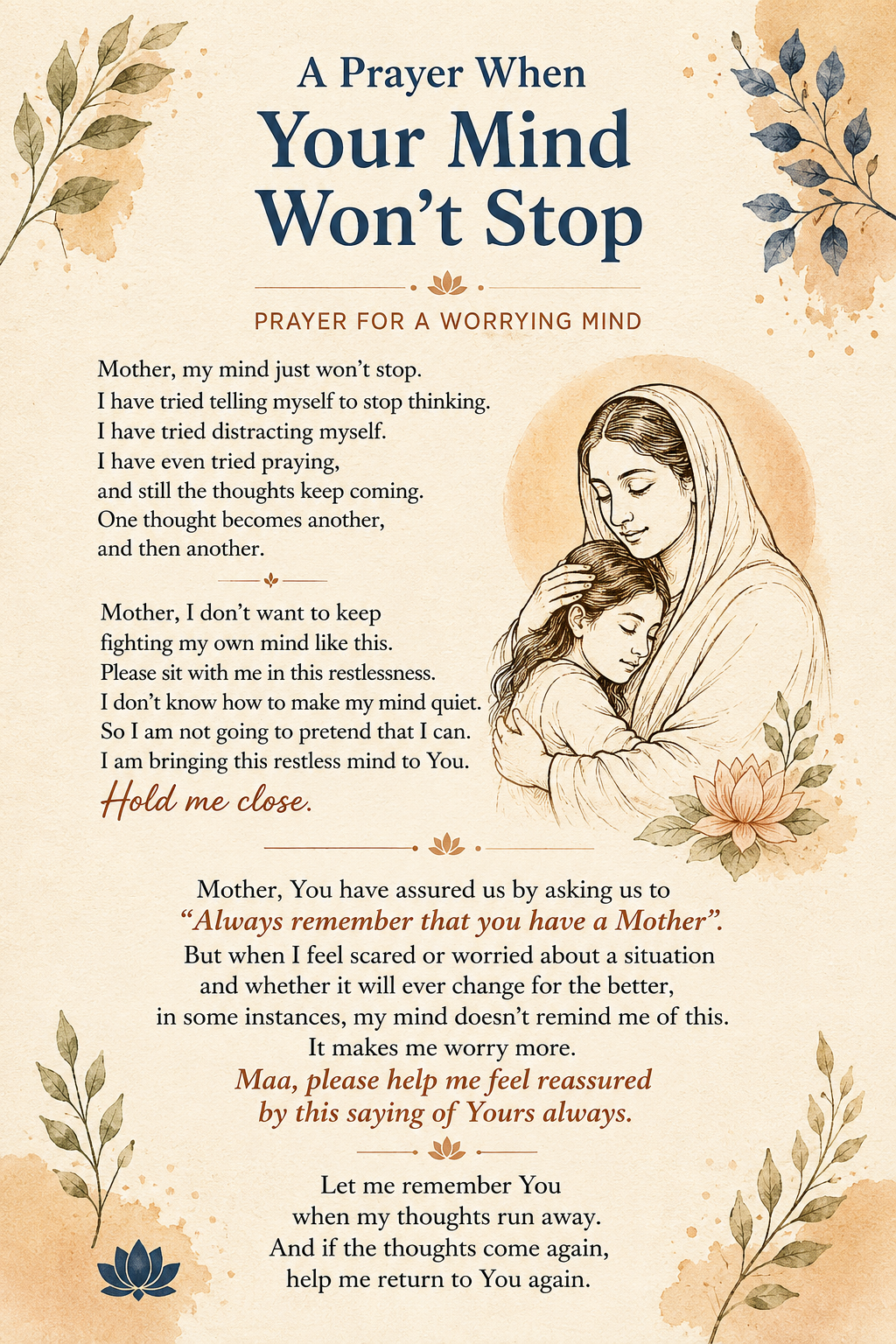 A prayer for a worrying mind with Mother’s reassurance for a restless mind