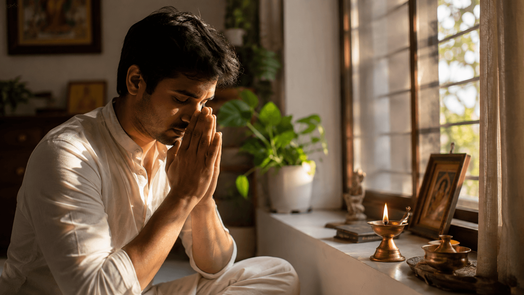 Indian man praying at dawn, reflecting on prayers for overthinking and seeking peace