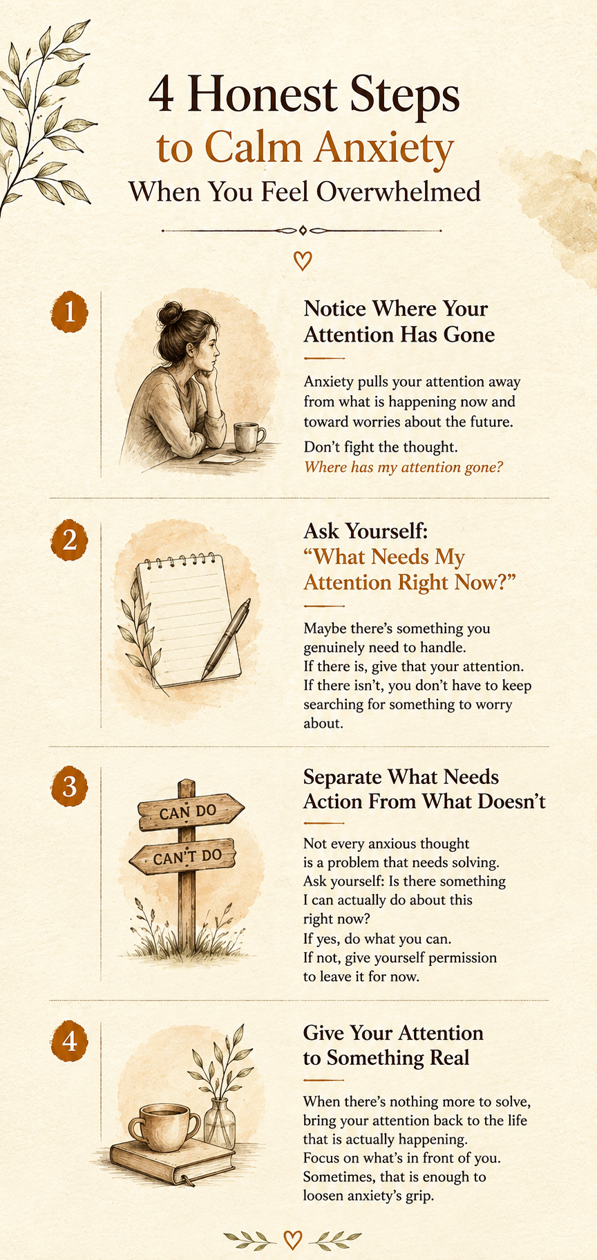 What to do when you feel anxious: four honest steps to notice your attention, separate action from worry, and return to the present