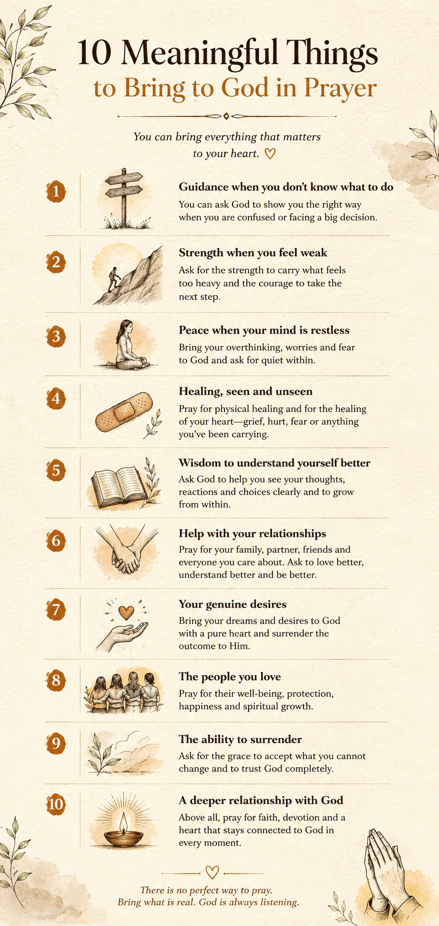 An infographic showing 10 things to pray for when you are wondering what should I pray for