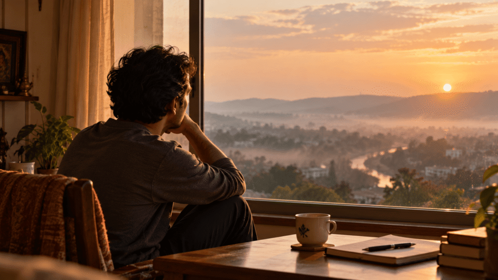 Man sitting by a window, reflecting on coping with uncertainty