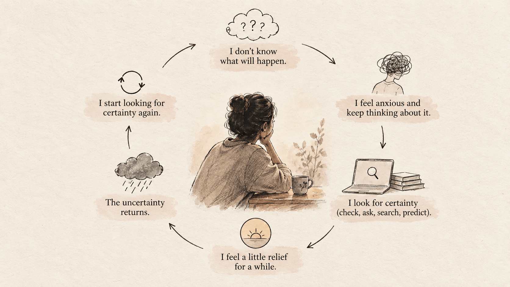 Dealing with uncertainty through a cycle of anxiety, checking, searching, and temporary relief