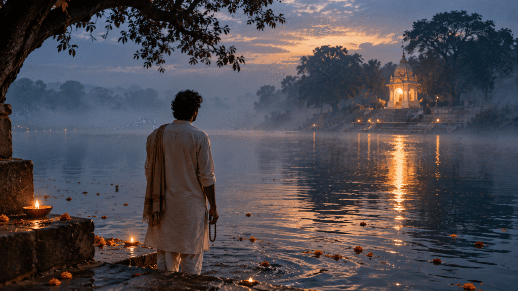 Male devotee standing by a river at twilight, reflecting on fear of uncertainty