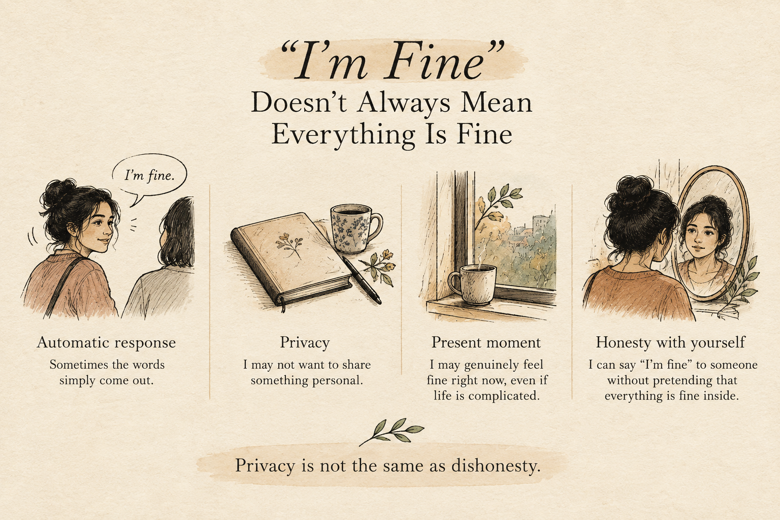 Why Do I Say “I’m Fine” When I’m Not? infographic about privacy, automatic responses, and emotional honesty