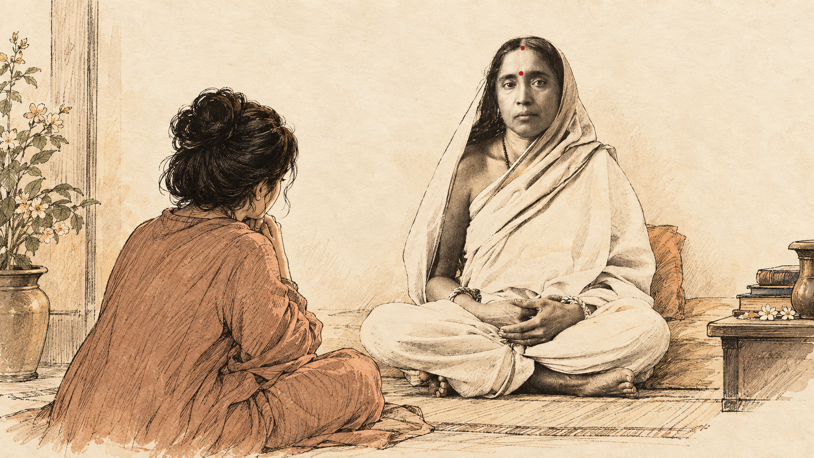 Why Do I Say “I’m Fine” When I’m Not? Devotee quietly sharing her worries with Holy Mother