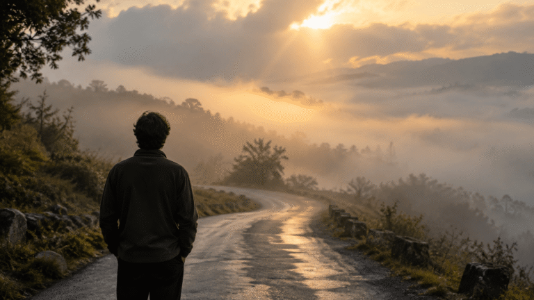 Man standing alone on a misty road, reflecting on his struggle with uncertainty