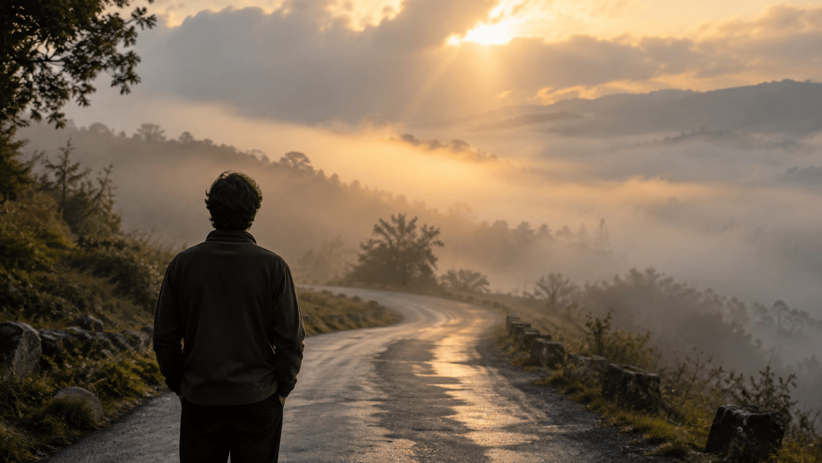 Man standing alone on a misty road, reflecting on his struggle with uncertainty