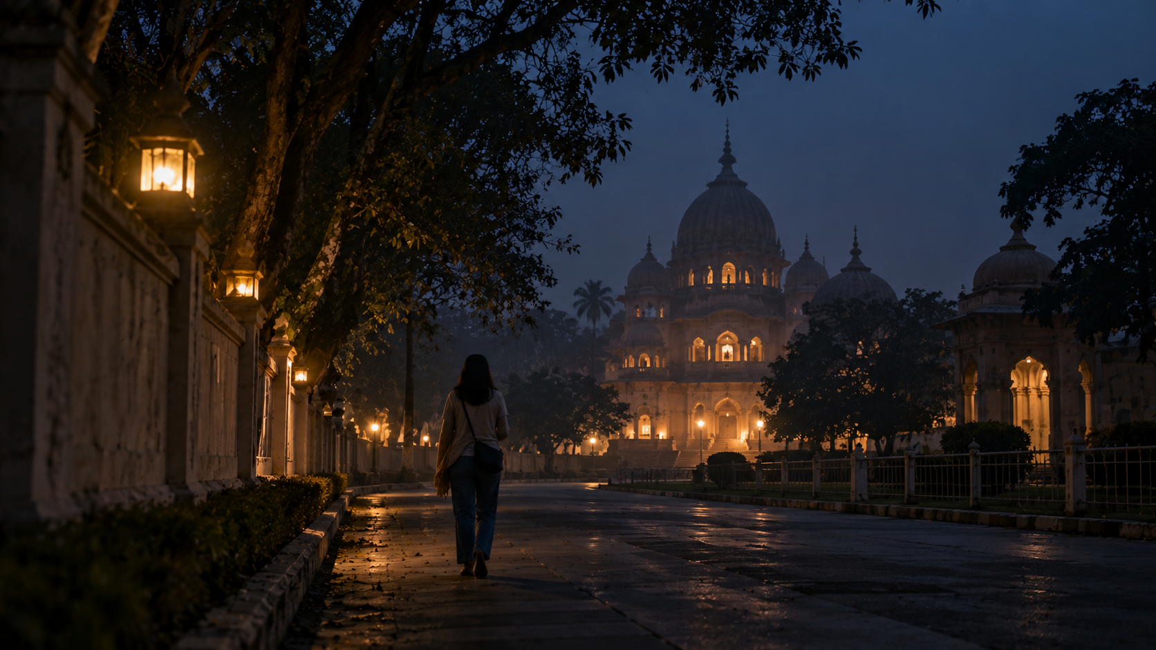 Spiritual experience at Belur Math on a dark winter morning as a lone devotee walks towards the Mandir