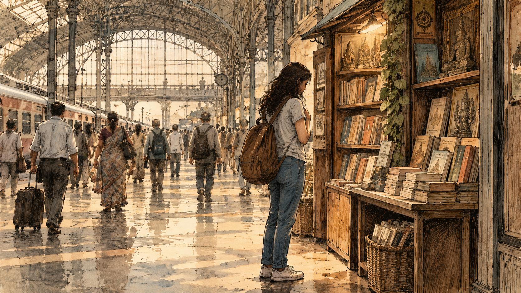 Illustration of a woman pausing at a spiritual bookstore in a busy railway station, reflecting how to calm an anxious mind by bringing attention back to the present.
