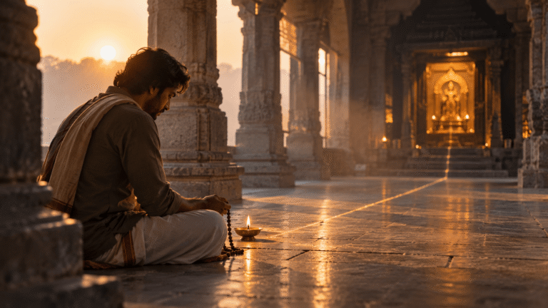 Indian male devotee sitting in a quiet temple corridor at dawn, reflecting on what it means to feel disconnected from God.