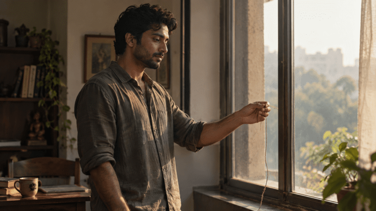 Young Indian man releasing a thread by a window, symbolising how to stop trying to control everything.