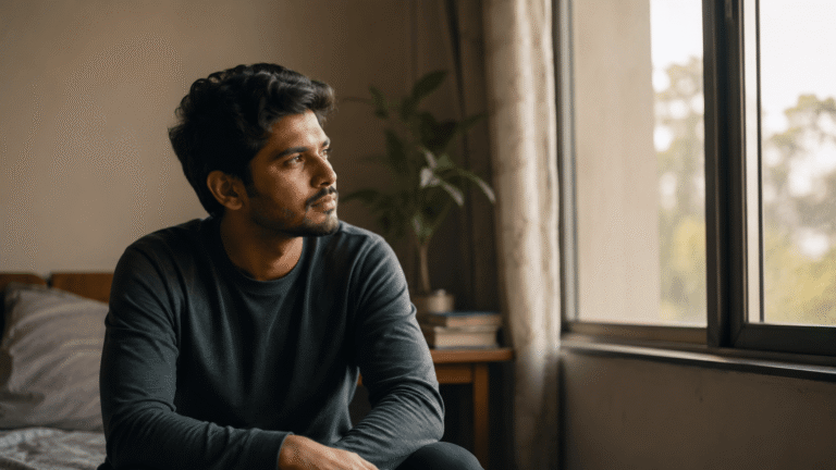 Why Do I Say “I’m Fine” When I’m Not? Person sitting quietly beside a window, reflecting on private worries
